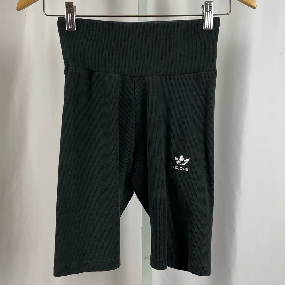 Adidas XS Ribbed High Waist Bike Shorts Logo 80's Casual Workout Running Yoga